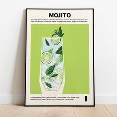 a green poster with lemons and lime slices in a tall glass on the floor