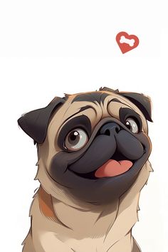 a cartoon pug dog with a heart above it's head