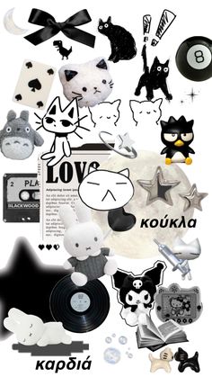 a collage of various items that include cats, dogs and other things in black and white