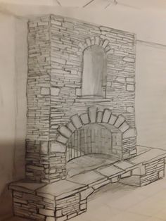 a drawing of a fireplace in a room