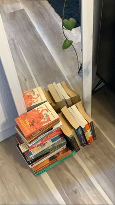 a stack of books sitting on top of a wooden floor