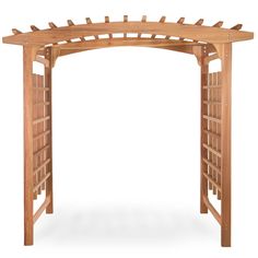 an outdoor wooden arbor with lattices on the top and bottom sides, set against a white background