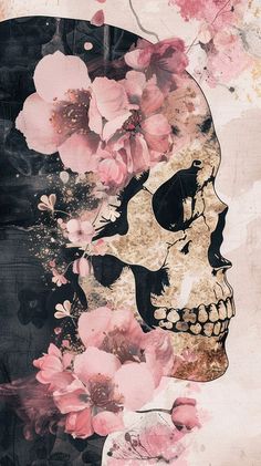 a painting of a skull with flowers on its head