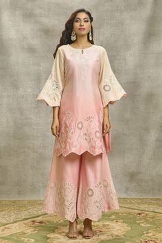 Resham Embroidery, Luxury Designer Cutwork Palazzo Set, Unstitched Designer Palazzo Set With Cutdana Details, Fitted Pink Palazzo Set With Intricate Embroidery, Embroidered Pink Chanderi Palazzo Set, Semi-stitched Embroidered Organza Palazzo Set, Flower Machine Embroidery Designs, Cute Casual Dresses, Kurta Neck Design