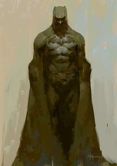 a digital painting of a batman standing in front of a white wall with graffiti on it