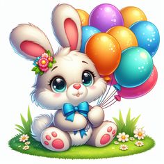 a cute little bunny holding some balloons