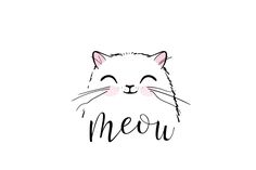 a black and white drawing of a cat with the word meow on it's face