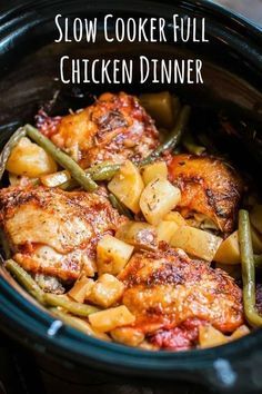 slow cooker full of chicken dinner with potatoes and green beans in the crock pot