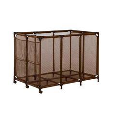 the baby crib is brown and has mesh panels on it, as well as wheels