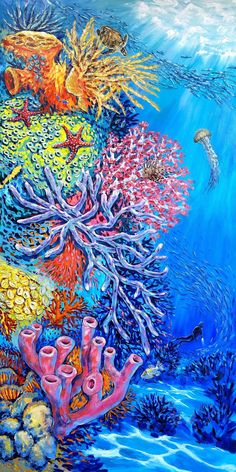 an underwater scene with corals and other marine life on the bottom half of the painting