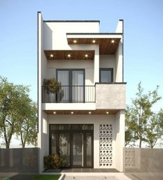 the front view of a modern house with balconyes and balconies on the second floor