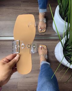 Clear strap sandals with buckles Clear Sandals Outfit, Clear Flats, Clear Sandals, Shoe Designs, Clear Shoes, Sandals Outfit, Outfit Dress, Secret Sale, Bedroom Lighting