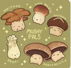 various mushrooms with the words mushy pals on them