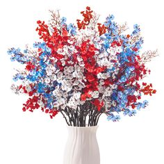 PRICES MAY VARY. SIZE & QUANTITY-- 6Pcs, approximately 20 in. If you like the full and vibrant effect as the picture shows, pls order several colors SYMBOLIZE NATIONAL UNITY: Patriotic Baby Breath Flowers epitomize the spirit of unity and pride, featuring a blend of red, white, and blue hues reminiscent of the national flag. Perfect for honoring national holidays, military events, or expressing patriotism year-round FABRIC CLOTH MATERIAL--Made of fabric cloth and plastic. Red flowers artificial Flowers For Memorial, Blue Flower Arrangements, Patriotic Baby, Independence Day Decor, Gifts For New Mothers, Breath Flowers, Blue Daisy, Red Silk, Floral Arrangement