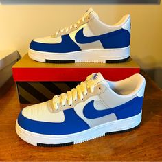 The Iconic Air Force One Has Borrowed Design Elements From The Air Max One! The Mudguard, Mesh Upper And Quarter Panels, And Suede Overlays Are From The Air Max. Great Colorway Of Summit White, Neutral Gray, And Game Royal Blue (The Blue Is Also From The Air Max). Blue Swoosh And Heel Tab Logo. Nike Logo Stitched Onto The Tongues Notes The Air Force Design And Gives A Faint Nod To The Air Max (Look Closely). Left Sneaker Insole Has A Warped Clock Graphic Noting The Warping Of The Two Designs. Co Warped Clock, Air Max One, Nike Air Force Max, Nike Air Max Ltd, Nike Air Max Mens, Nike Air Max Excee, Nike Air Force One, Lebron Shoes, Air Force One