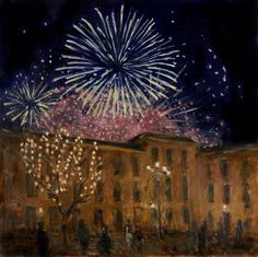 a painting of fireworks in the night sky over a building with people standing around it