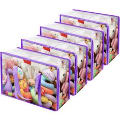 five plastic storage bins filled with stuffed animals and other toy items in purple handles