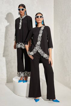 Buy Black Moss Crepe Hand Wisteria Overlap Top And Pant Co-ord Set For Women by Namrata Joshipura Online at Aza Fashions. Crepe Wisteria, Namrata Joshipura, Overlap Top, Co Ord Set, Cut Work, Wisteria, Co Ord, Floral Patterns, Set For Women