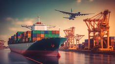 an airplane flying over a large container ship