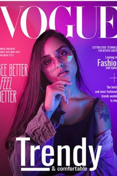 a magazine cover with a woman wearing glasses on the front and side of her face