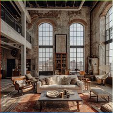 a living room filled with lots of furniture next to tall windows and large windows on the wall