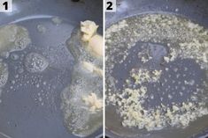 two pictures showing the process of cooking food in a pan with oil and butter on top