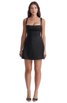 A rich satiny finish elevates this sleeveless mini topped with a quilted bodice. Exclusive retailer 31 1/2" length (size Medium) Square neck Lined 100% polyester Dry clean Imported Hoco Dress Square Neck, House Of Cb Black Dress, Black Mini Dress Formal, Little Black Dress Classy Night, Black Cocktail Dress Short, Black Graduation Dress, English Club, Fall Pics, Tailored Clothes