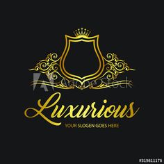 luxury logo design with golden crown and shield on black background for your business or company