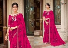 #antra #presents #red #queen #georgette #diamond #lace #print #saree | saree with blouse | full sleeve blouse | colourful magenta rose saree | fabrics georgette saree | party wear saree | festival wear saree | printed saree | formal occasion wear saree | antra presents georgette saree collection .