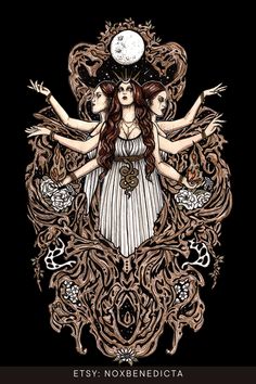 An art print of goddess of magic Hecate. Triple goddess with flames coming from her hands, with a crown and a snake on her belt. A black background. There's a full moon above her head. Hecate Artwork, Hecate Drawing, Hecate Goddess Art, Hekate Art, Hecate Triple Goddess, Hecate Art, Hecate Altar, Goddess Hekate, Goddess Of Magic