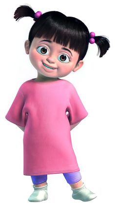 a cartoon girl with big eyes and black hair wearing a pink dress, standing in front of a white background