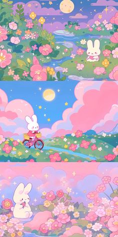 some cartoon characters are in the sky with flowers and clouds behind them, one is riding a bike