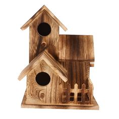 a bird house made out of wood on a white background