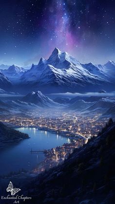 the night sky is lit up with stars and mountains