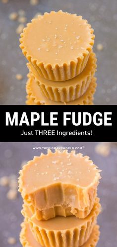 three pieces of maple fudge are stacked on top of each other with the words just three ingredients