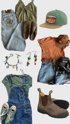 Grabola girl aesthetic outfits, crunchy vibes, blinds tone boots, overalls, green t-shirt, green converse, jean shorts, leather belt, orange shirt, Texas, Birkenstock clogs, jeans, green tank top, national park hat, hem jewelry, beaded bracelet, beaded earrings, collage of outfits Cute Granola Outfits, Granola Girl Summer Outfits, Thigh High Boots Outfits, Burgundy Boots Outfit, Summer Camp Outfits