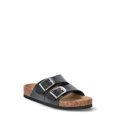 These Time & Tru Footbed slides are constructed with a two-band upper, adjustable straps, all sitting over a comfort footbed. Easy to wear and stylish, slide these on with jeans, shorts, or skirts. Sold exclusively at Walmart. Size: 7.5.  Color: Black.  Gender: female.  Age Group: adult. Sandals Wide Width, Womens Strappy Sandals, Women Platform Sneakers, Wide Width Sandals, Slider Sandals, Footbed Sandals, Sport Sandals, Comfortable Sandals, Platform Sneakers