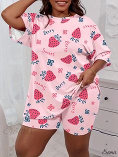 Eromis - Womens Plus Size Comfortable Pajama Set: Daisy & Cherry Print Short Sleeve Tee and Shorts Pajama Two Piece Set Comfortable Pajamas, Cherry Print, Womens Plus Size, Pajama Shorts, Two Piece Sets, Printed Shorts, Pajama Set, Short Sleeve Tee, Lounge Wear