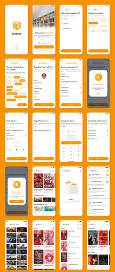 an orange background with many different screens and text on it, all showing the same color scheme