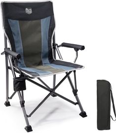 a folding camping chair with carrying bag next to it