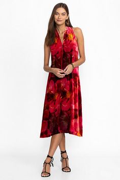 Crafted from a luxurious silk blend, the Crisscross Velvet Dress is adorned with bold color. Featuring a halter neckline with a crisscross racer back, this sleeveless dress is finished with a relaxed-fit bodice for an easy, flowing look. Pair with wedge sandals and wide-brim sunhat for a resort-worthy look. Johnny Was Women's Crisscross Velvet Dress in Ruby Bloom Red, Size XS, Silk Women's Blouses, Chic Outfit, Embroidered Jeans, Bold Color, Halter Neckline, Johnny Was, Racer Back, Fitted Bodice, Wide Brimmed