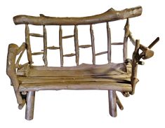 a wooden bench made out of sticks and logs with no seat cushions on it, against a white background