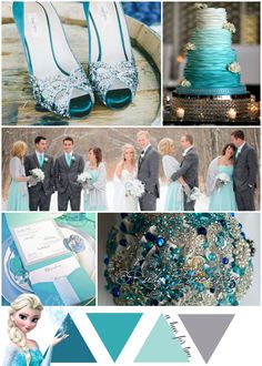 the wedding color scheme is aqua and silver