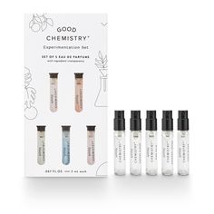 What it is Discover Good Chemistry’s best-selling fragrances with this curated collection of mini Eau de Parfums. With each vial containing enough for at least 5 wears, the possibilities are endless. This Experimentation Set contains 5 – 0.067 fl oz (2ml) vials, one of each of the fragrances below: Queen Bee - Black Currant, Peony + Amber Pink Palm - Dragonfruit, Magnolia + Sugared Vanilla Coco Blush - Pineapple, Coconut Water + Driftwood Coffee Cloud - Bergamot, Espresso + Cedarwood Unknown Leg Good Chemistry Perfume, Good Chemistry, Perfume Travel, Parfum Bottle, Vegan Perfume, Pineapple Coconut, Black Currant, Best Fragrances, Black Currants