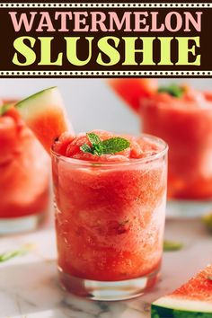 watermelon slushie with cucumber and mint garnish on the side