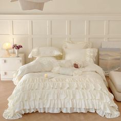 Princess Ruffle Lace Washed Cotton Bedding Bundle White / Medium Flat Regal Aesthetic, French Princess, Classic Duvet Covers, Dreamy Bed, Ruffle Duvet Cover, Cotton Bedding Set, Bed Sheet Sizes, Ruffle Bedding, Girly Room