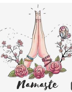 a woman's legs with pink flowers and jewels on them, while the words namaste are above her