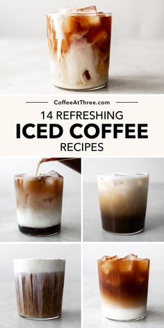 iced coffee is being poured into a cup with ice and caramel on top, then topped with whipped cream