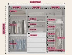 the closet is full of clothes and has measurements for each item to be placed in