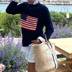 Flag Sweater Outfit, Preppy Chic Outfits, Preppy Handbook, Flag Sweater, American Flag Sweater, Varsity Sweater, Pink Pineapple, Preppy Chic, American Flag Print